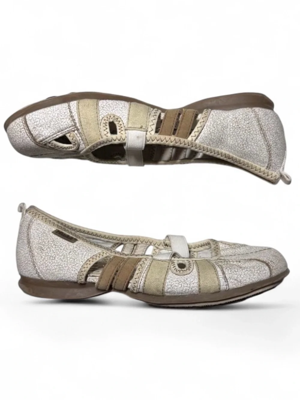 Y2K Mudd Mary Jane Ballet Flats Cream Brown Crackle Elastic Slip On Shoe Girl 3M